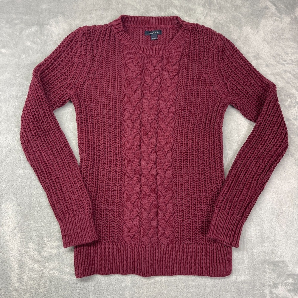 Nautica Cable Knit Sweater Womens Small Burgundy Classic Long Sleeve Crew Neck‎